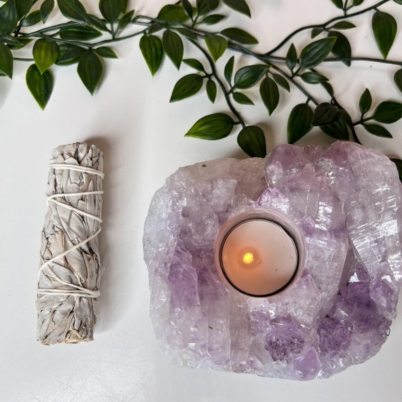 3 lb Amethyst and Sage Bundle | Healing Calming Candle Crystal Tea Light Holder - Picture 4 of 13